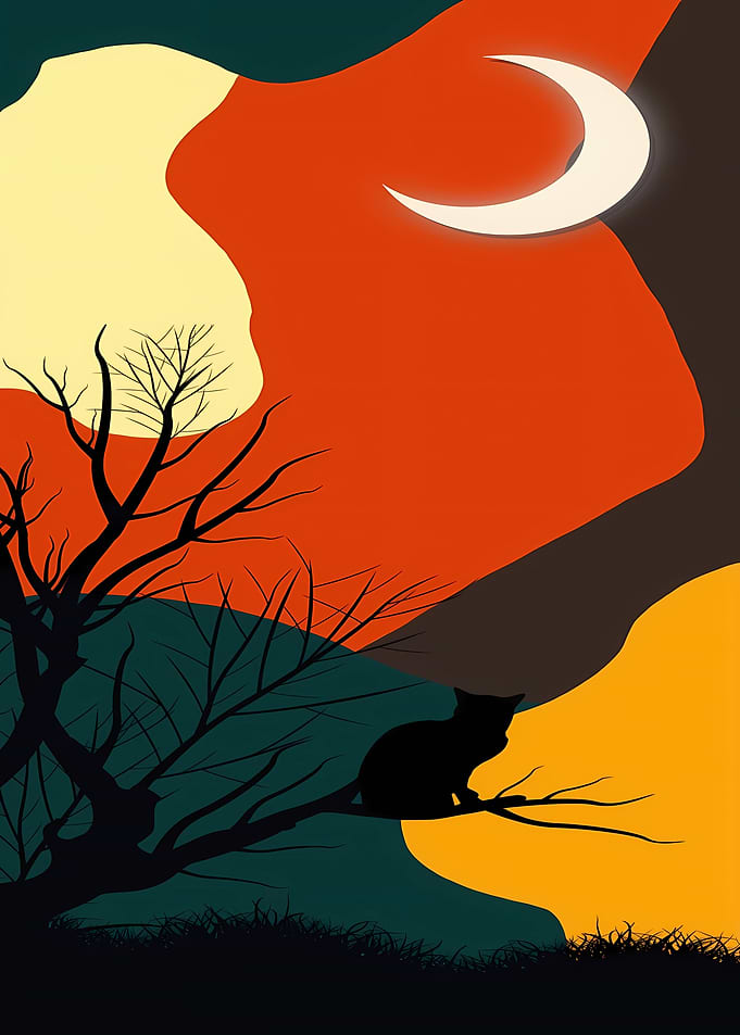 Minimalist Cat Silhouette Under Crescent Moon