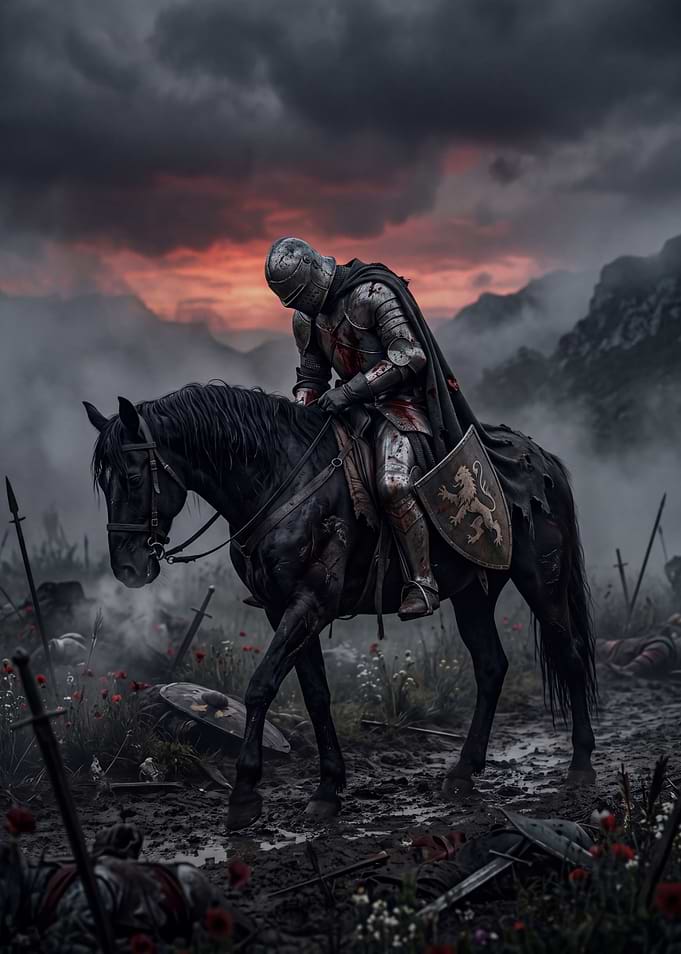 Lone Knight on Battlefield at Sunset
