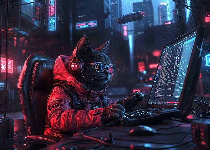 Cyberpunk Hacker Cat Coding