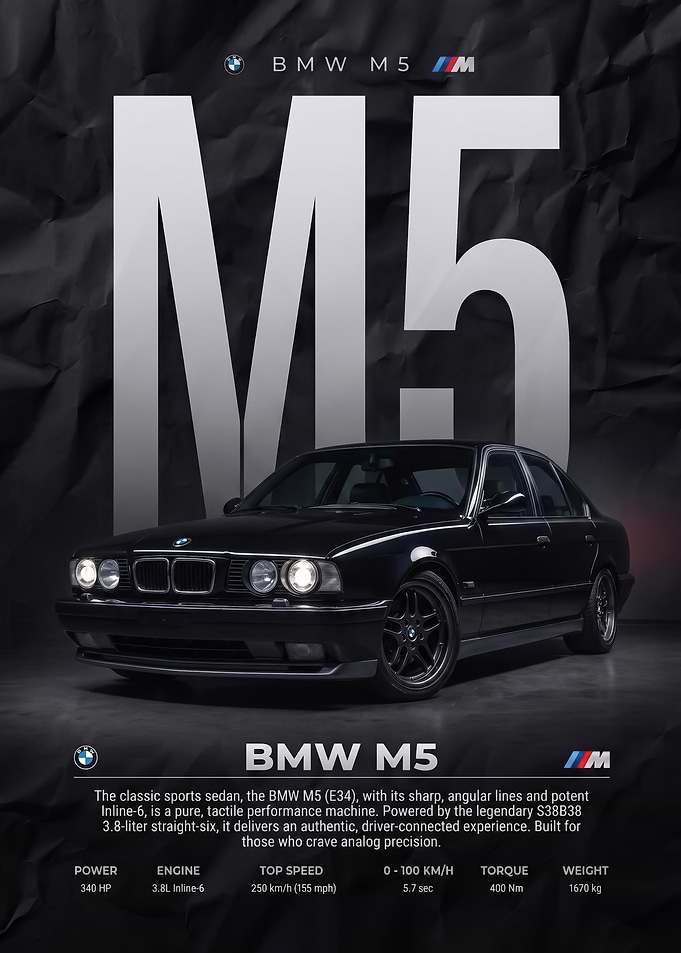 black sleek BMW M5 E34 classic car Poster