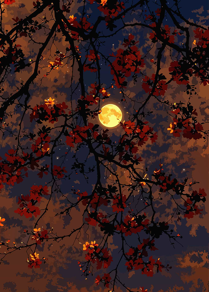 Full Moon Behind Red Blossoms