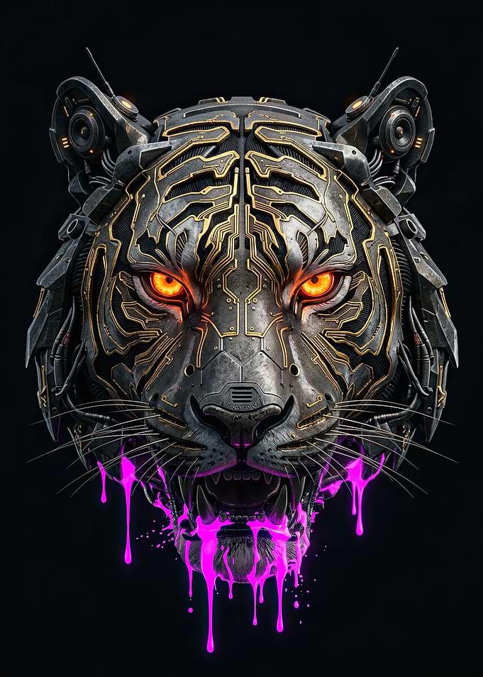 Cybernetic Tiger Head with Neon Drip