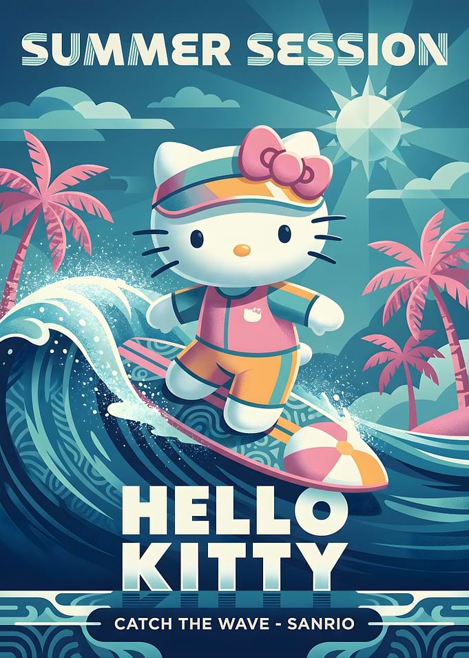 Hello Kitty Summer Session Surfing Poster