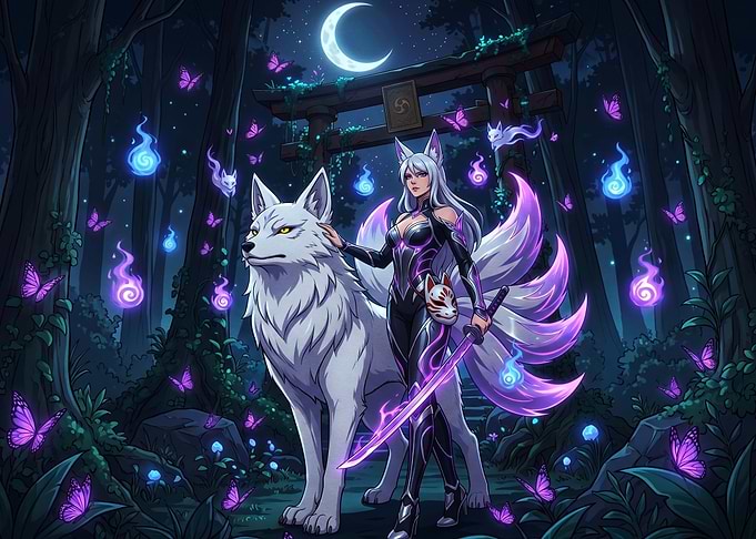 Kitsune Warrior with White Wolf