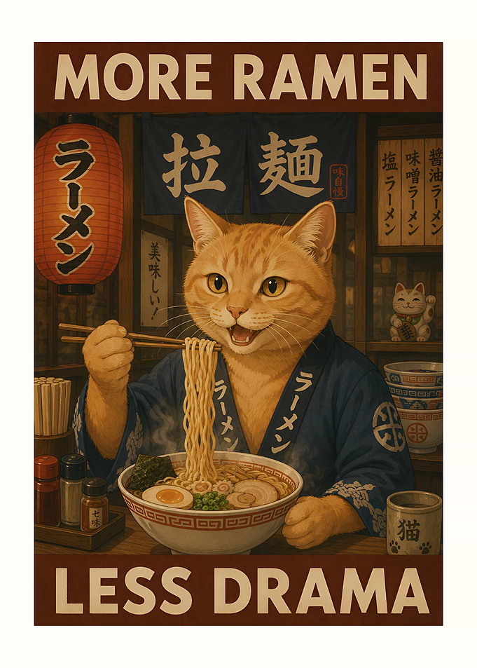 More Ramen Less Drama Cat Poster