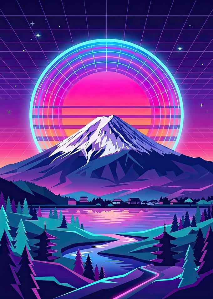 Synthwave Mount Fuji Landscape