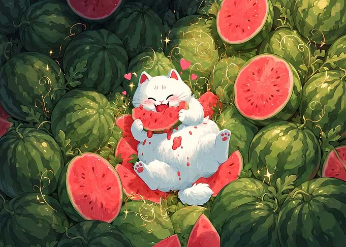 Cute White Cat Eating Watermelon