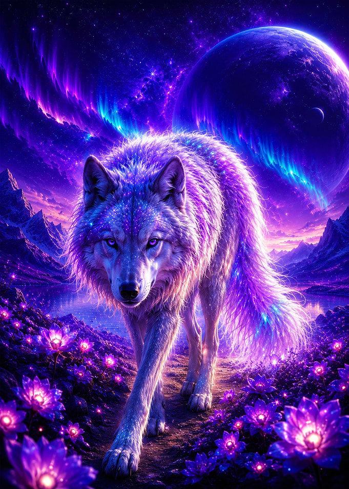 Glowing Cosmic Wolf in Purple Landscape