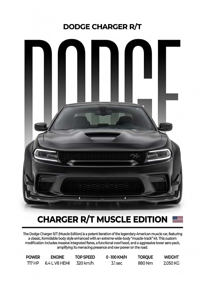 black sleek Dodge Charger R/T Muscle Edition Poster