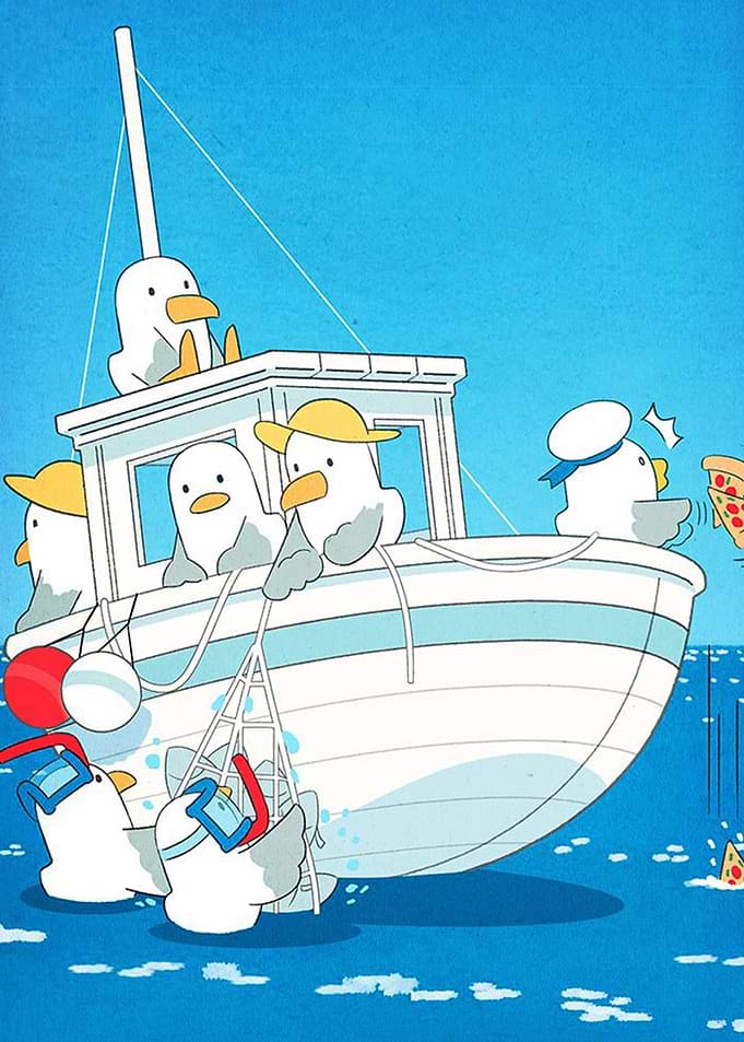 Seagulls on a Boat with Pizza