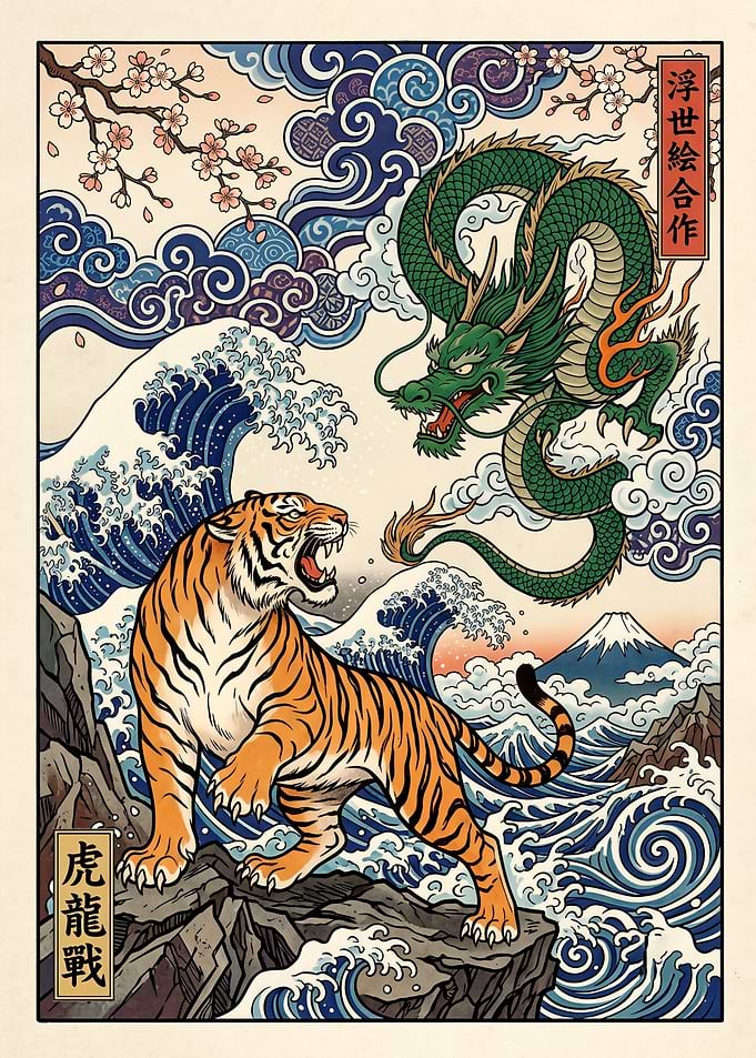 Tiger and Dragon Ukiyo-e Battle