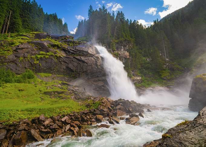 Majestic Krimml Waterfall in Alpine Forest