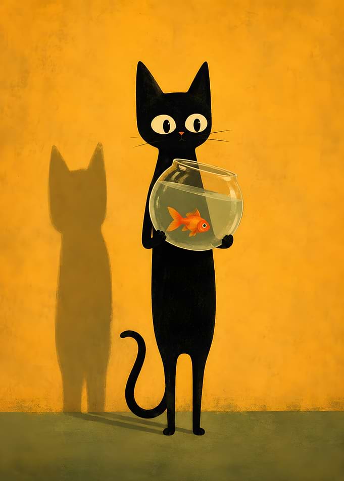 Black Cat Holding Goldfish Bowl