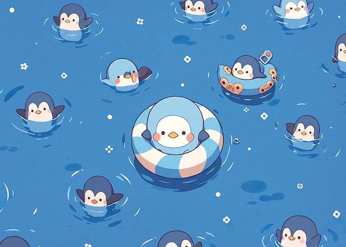 Cute Penguins Swimming in Blue Water