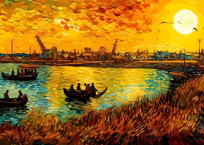 Van Gogh Style River Sunset Painting