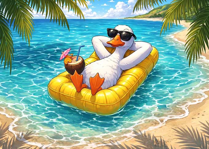 Cool Duck Relaxing on Beach Float