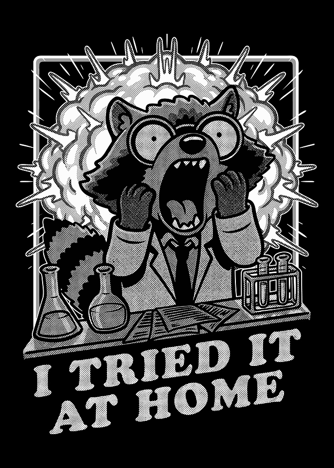 Funny Mad Scientist Raccoon Black and White Vintage Poster Wall Art