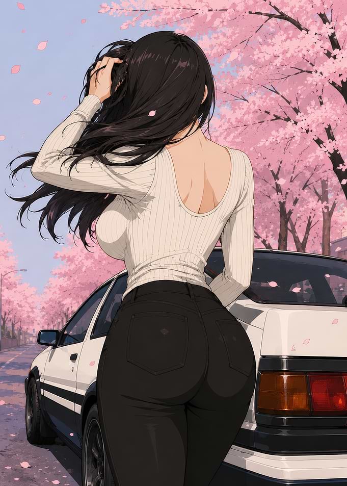 Anime girl with AE86 under cherry blossoms