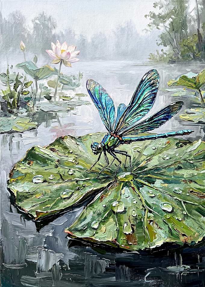 Impressionist Dragonfly on Lotus Leaf