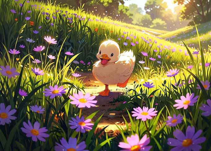 Happy Duckling in Flower Meadow