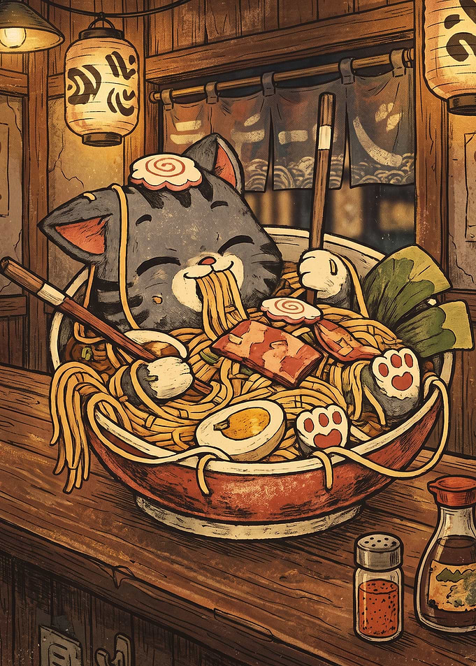 Cute Cat Eating Ramen Bowl