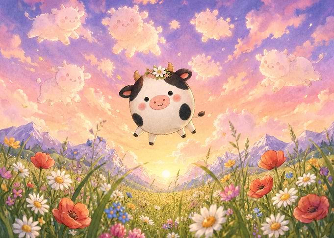 Cute Floating Cow in Flower Meadow