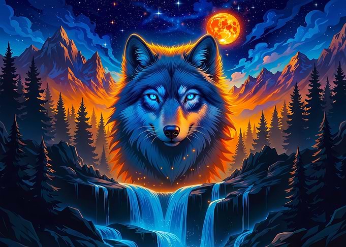 Mystical Wolf and Waterfall Landscape