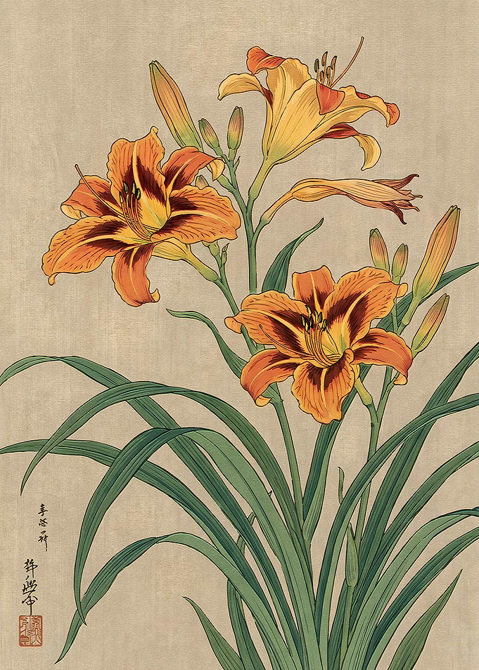 Traditional Japanese Style Daylily Painting