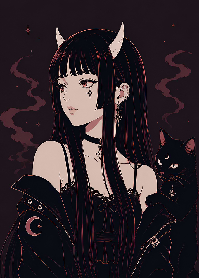 Anime Girl with Horns and Cat