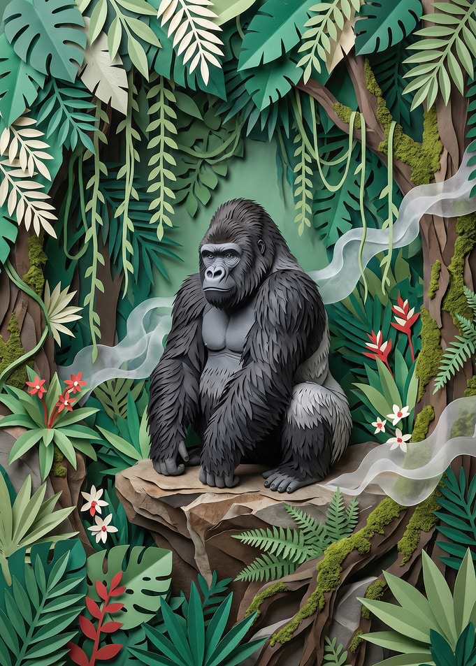Papercraft Gorilla in Lush Jungle