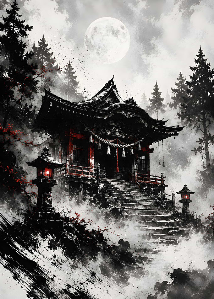 Mystical Japanese Shrine Under Full Moon