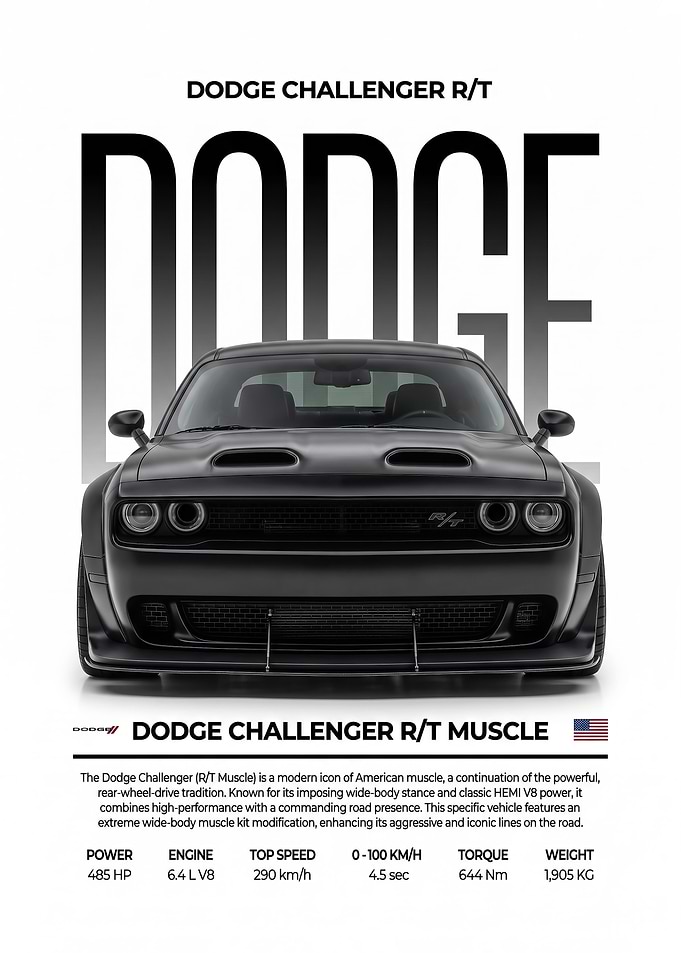 black sleek Dodge Challenger R/T Muscle Car Poster