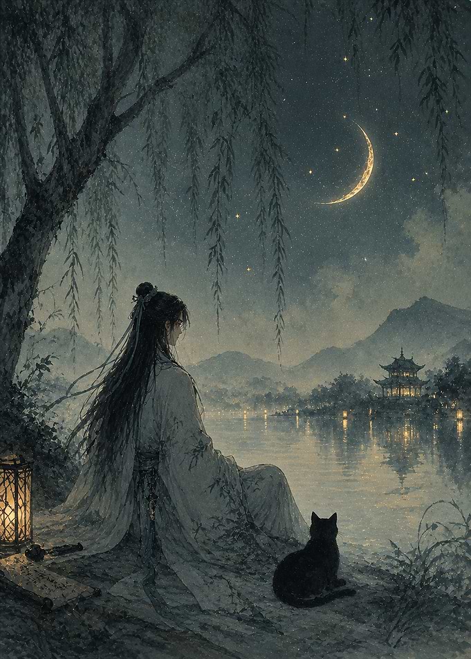 Solitary Figure by Moonlight Lake