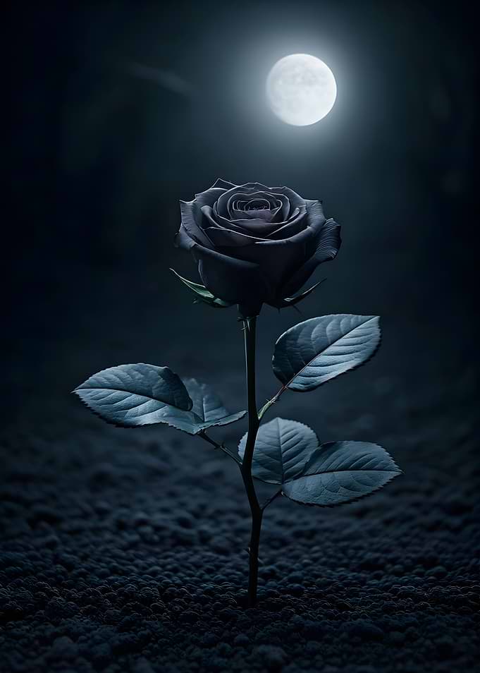 Single Black Rose Under Moonlight