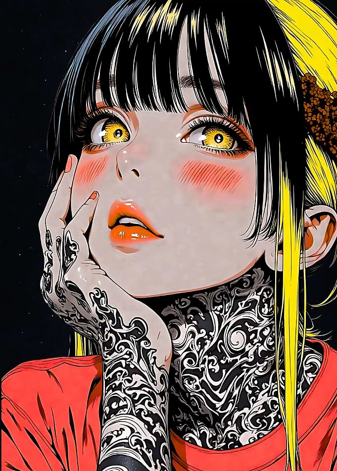 Japanes Anime Girl with Intricate Tattoos