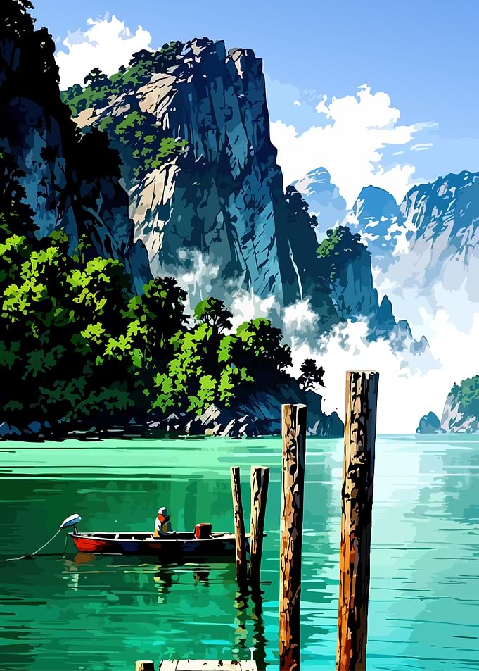 Serene Mountain Lake Boat Scene