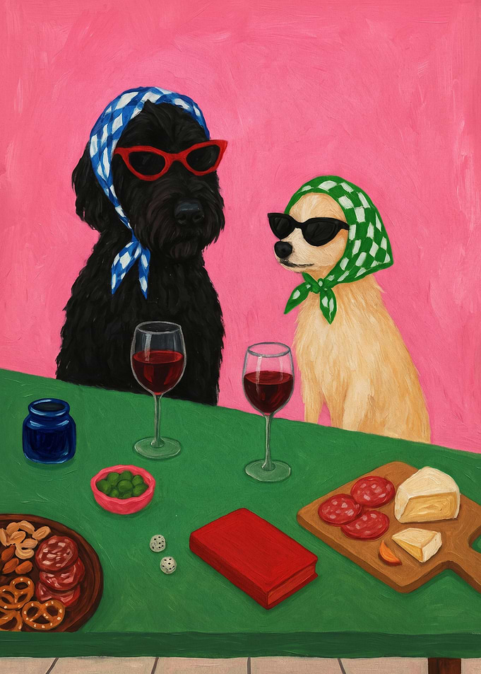 Dogs Having Wine and Snacks