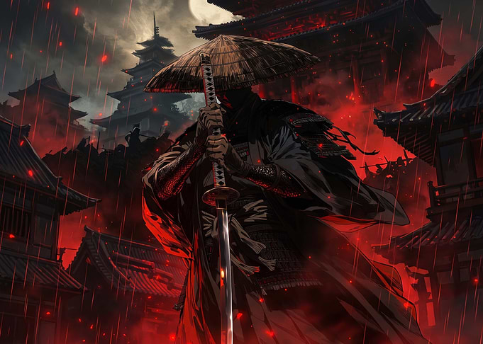 Samurai Warrior in Red Rain
