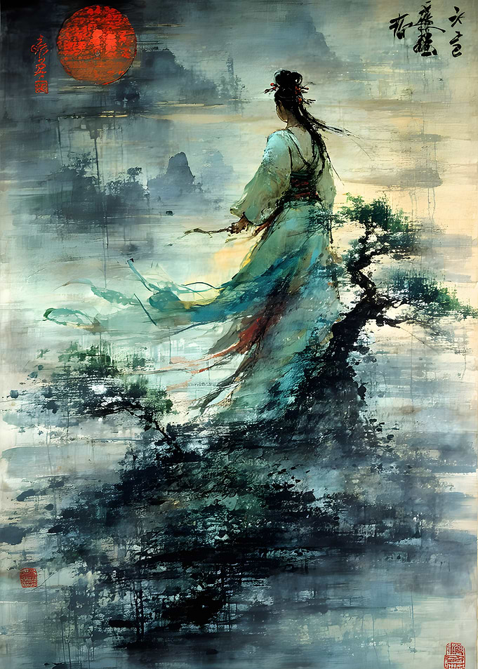 Ethereal Woman in Traditional Asian Landscape