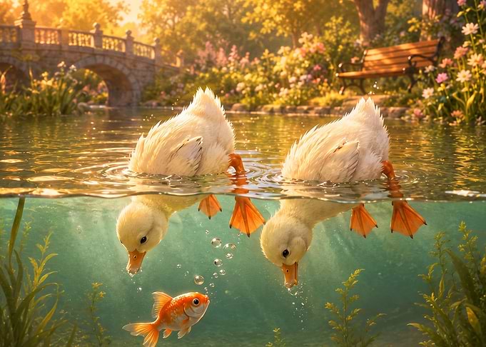 Two Ducklings Meeting a Goldfish