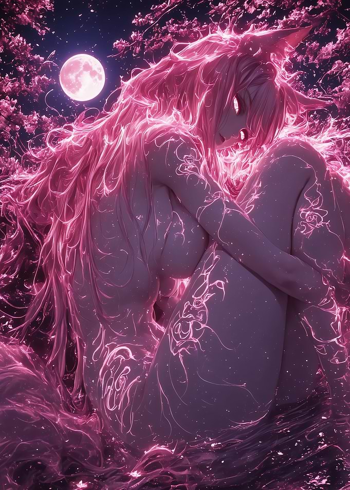 Ethereal Pink Fox Spirit Under Moon