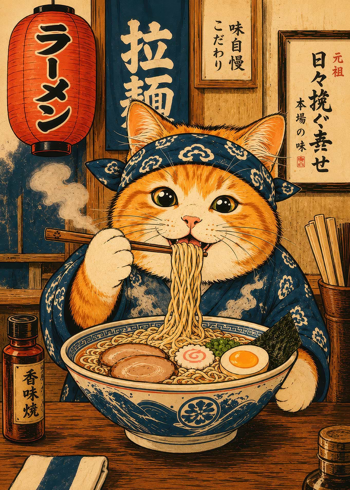 Cute Cat Eating Ramen