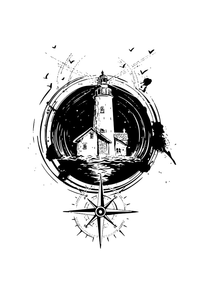 Lighthouse and Compass Nautical Illustration