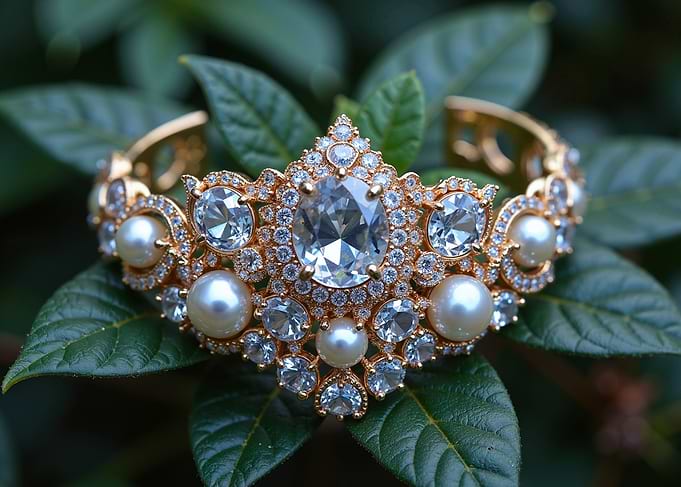 Ornate Pearl and Crystal Gold Bracelet