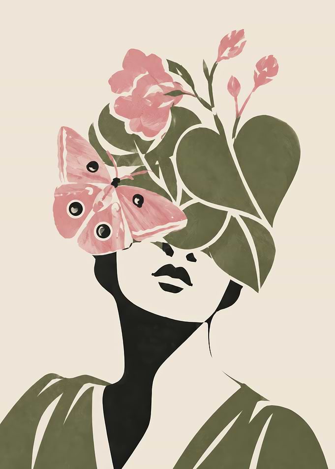 Minimalist Woman with Floral Butterfly Headpiece