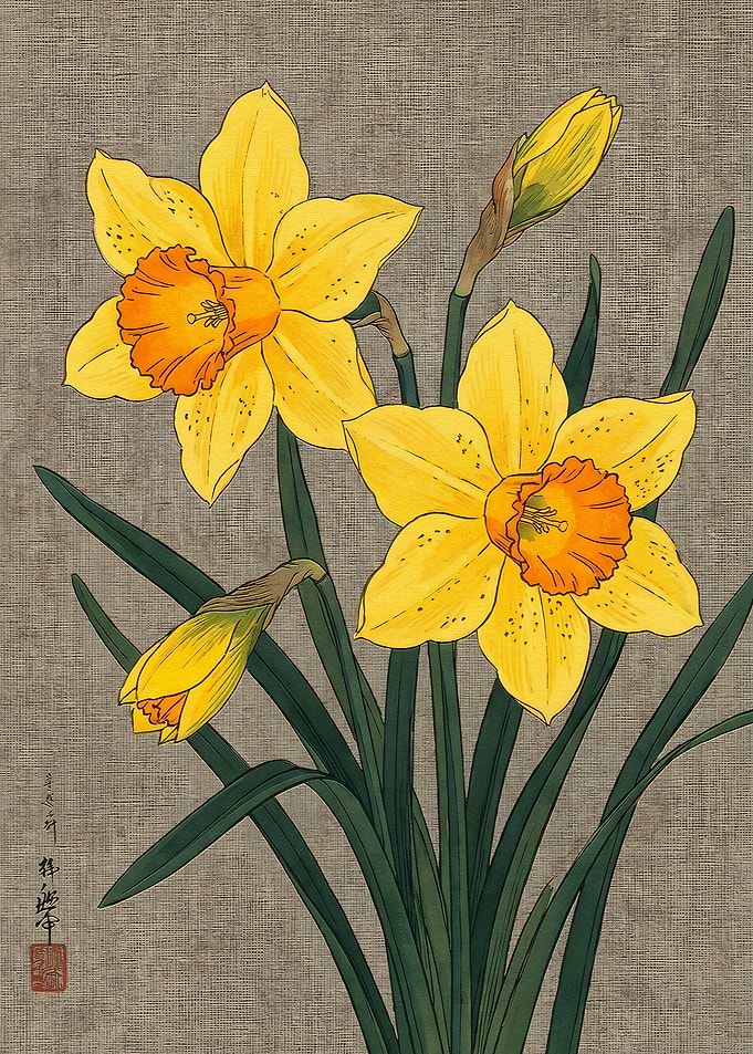 Traditional Japanese Style Daffodil Illustration
