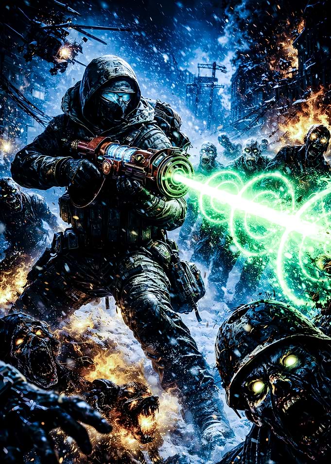 Soldier Fighting Zombies in Snow