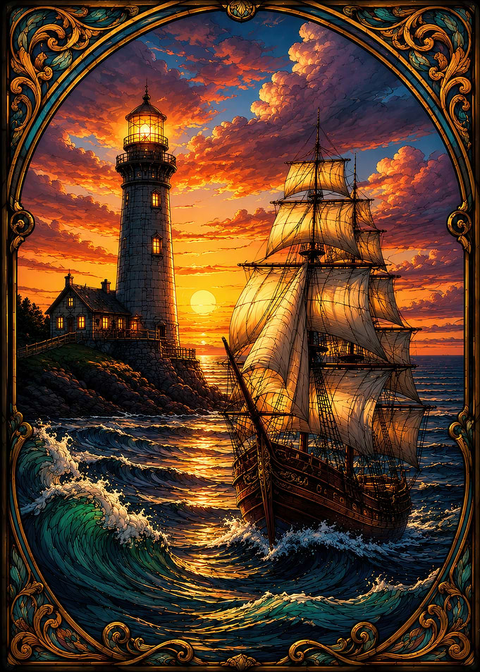 Sailing Ship Near Lighthouse at Sunset