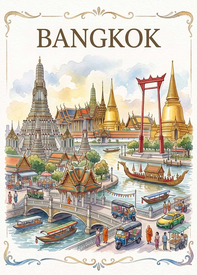 Bangkok City Travel Poster Illustration