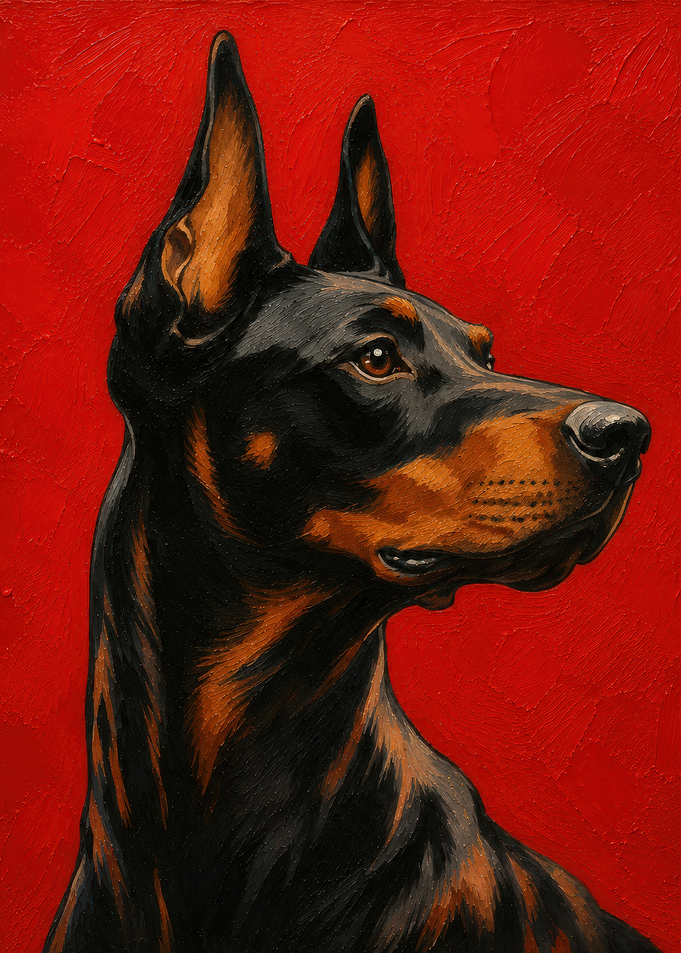 Doberman Portrait on Red Background